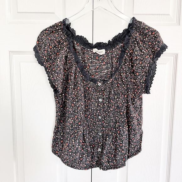 Lucky Brand Printed Button Front Peasant Top in Raven Multi - Picture 3 of 8